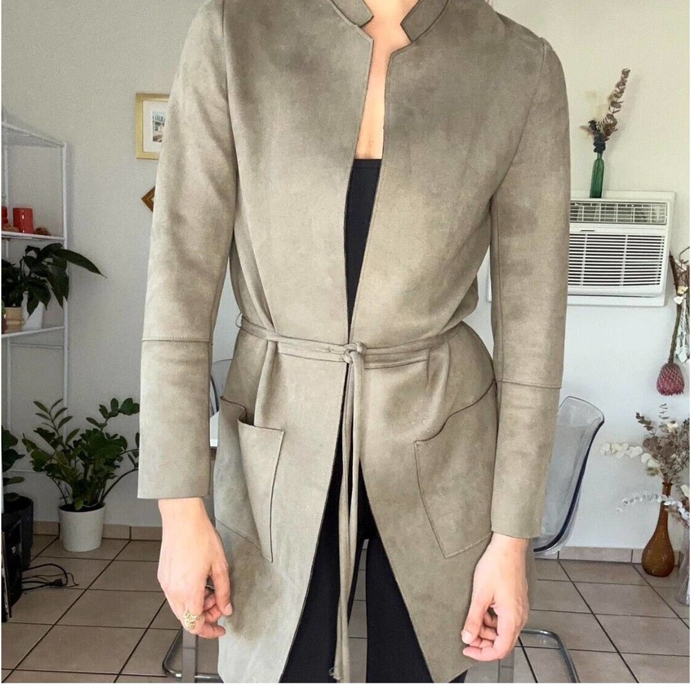 H & M Women’s Taupe Tan Faux Leather Suede Tie Front Pockets Jacket Coat Size 6